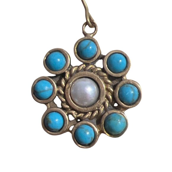 Vintage Gold Tone Drop Earrings Faux Turquoise Pearl Flower Estate Long Hook 3" - Picture 2 of 6
